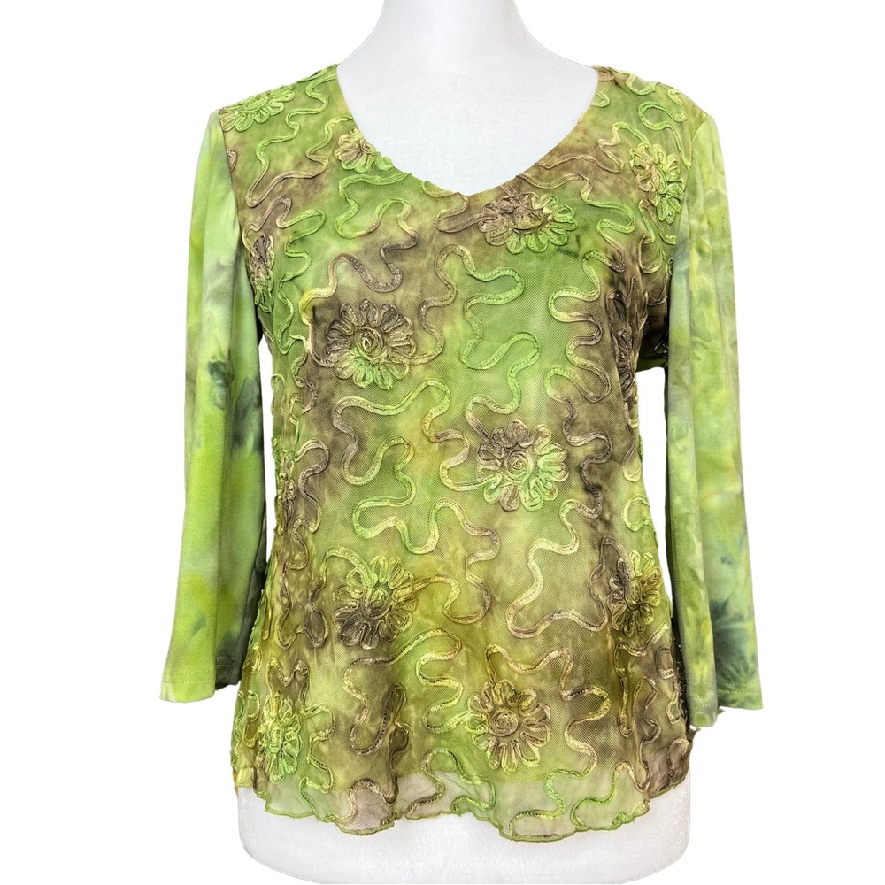 Vintage Tribal Green Tie Dye Flower & Squiggles Appliqué Y2K V Neck Top Size M